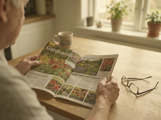 Older man reading a gardening magazine at a kitchen table, glasses set aside.