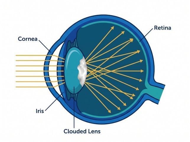 Cross-section of a cataract showing light scattering through a clouded lens.