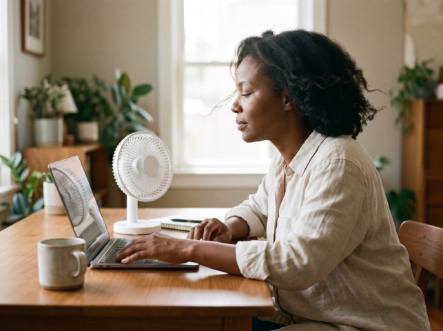 Woman working on a laptop at home with a small electric fan blowing on her