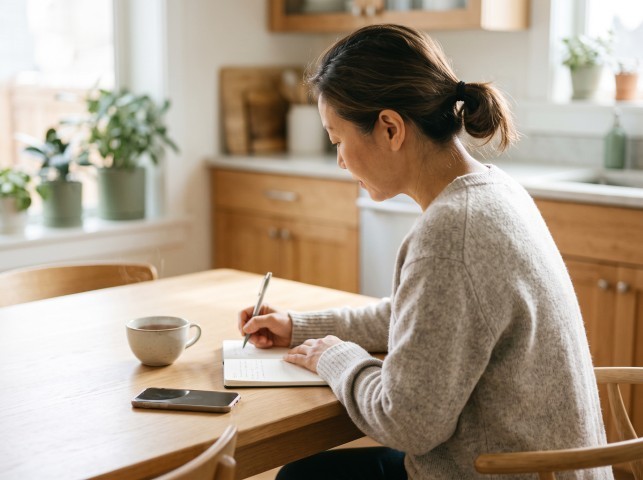 Woman writing in a notebook at a kitchen table beside a cup of tea