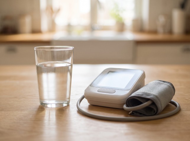 Glass of water beside a home blood pressure monitor on a kitchen table