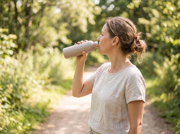 Woman drinking from a water bottle on a sunny woodland path