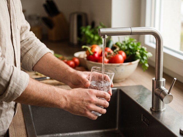 Man filling a glass of water at a kitchen faucet beside a bowl of vegetables