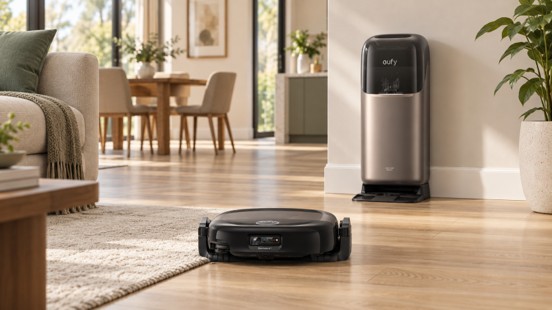 eufy Robot Vacuum Omni S2 cleaning hardwood beside a low-pile rug with its UniClean station nearby